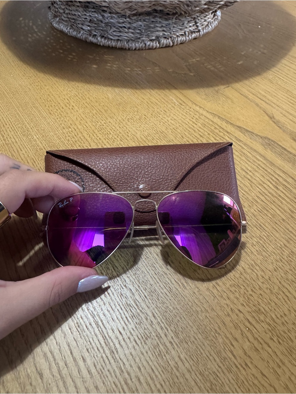Ray-Ban Gold Frame Sunglasses with Purple Mirrored Lenses